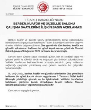 Ticaret Bakanlığından Berber,Bayan Kuaförü Güzellik Salonu Çalışma Saatlerine İçin Basın Açıklaması